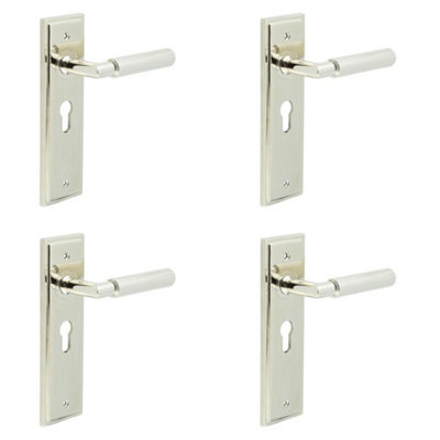 4 PACK Luxury Polished Nickel Euro Backplate Door Handle with Knurled Detail - Solid Brass Interior Handle