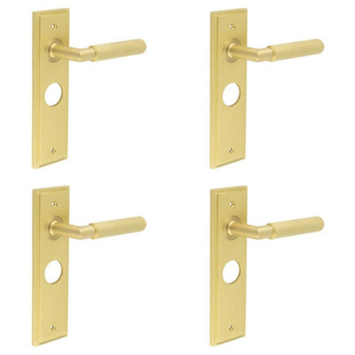 4 PACK Luxury Satin Brass Bathroom Door Handle with Backplate - Solid Brass Interior Handle