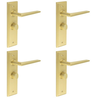 4 PACK Luxury Satin Brass Bathroom Door Handle with Backplate & Turn Release - Interior Handle