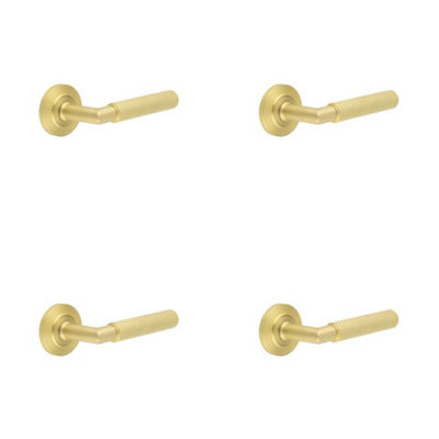 4 PACK Luxury Satin Brass Door Handle on Chamfered Rose for Stylish Interiors - Solid Brass Interior Handle
