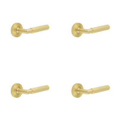 4 PACK Luxury Satin Brass Door Handle on Knurled Rose for Stylish Interiors - Solid Brass Interior Handle