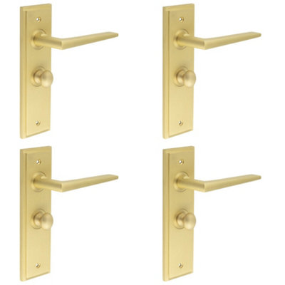 4 PACK Luxury Satin Brass Door Handle with Backplate for Bathroom - Solid Brass Interior Handle