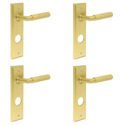 4 PACK Luxury Satin Brass Door Handle with Backplate for Bathrooms - Solid Brass Interior Handle