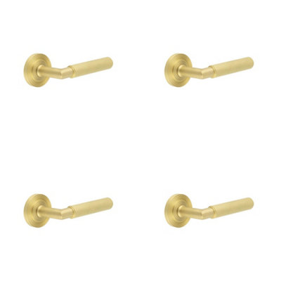 4 PACK Luxury Satin Brass Door Handle with Reeded Rose Design - Solid Brass Interior Handle