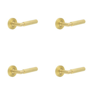 4 PACK Luxury Satin Brass Door Handle with Rose Design for Homes and Offices - Solid Brass Interior Handle