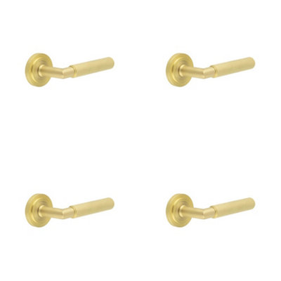 4 PACK Luxury Satin Brass Door Handle with Stepped Rose - Solid Brass Interior Handle