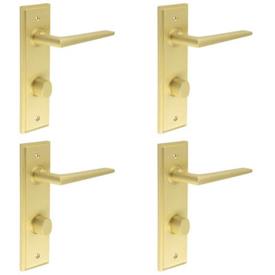 4 PACK Luxury Satin Brass Door Handle with Turn & Release for Bathrooms - Solid Brass Interior Handle