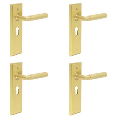 4 PACK Luxury Satin Brass Euro Door Handle with Backplate - Solid Brass Interior Handle