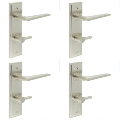 4 PACK Luxury Satin Nickel Bathroom Door Handle with Backplate & Turn Release - Solid Brass Interior Handle