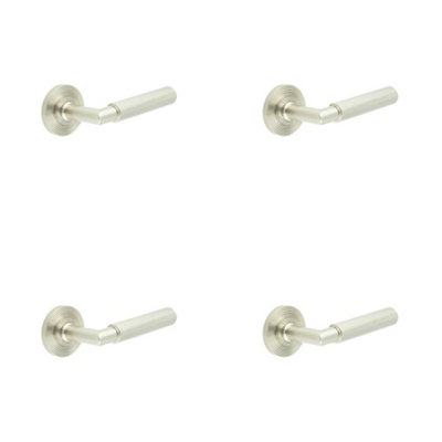 4 PACK Luxury Satin Nickel Door Handle with Reeded Rose Design - Solid Brass Interior Handle