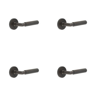 4 PACK Luxury - Solid Brass Door Handle on Knurled Rose in Dark Bronze Finish - Solid Brass Interior Handle