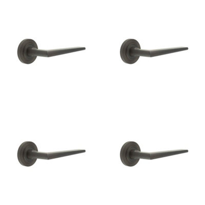 4 PACK Luxury Solid Brass Door Handle on Reeded Rose - Dark Bronze Finish - Solid Brass Interior Handle