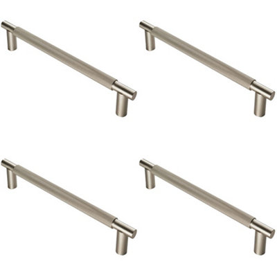 4 PACK - Luxury T Bar Knurled Pull Handle - 300mm Satin Nickel - Kitchen Door Cabinet