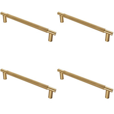4 PACK - Luxury T Bar Knurled Pull Handle - 450mm Satin Brass - Kitchen Door Cabinet
