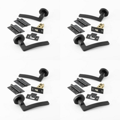 4 PACK Matt Black Door Handle Pack - Fire Rated Curved Lever on Rose Hinge & Latch Set