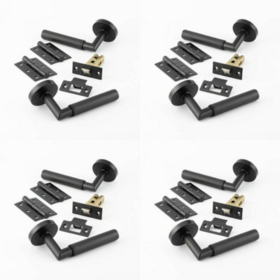 4 PACK Matt Black Door Handle Pack - Fire Rated Mitred Lever on Rose Hinge & Latch Set