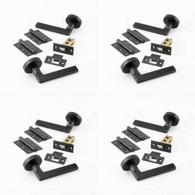4 PACK Matt Black Door Handle Pack - Fire Rated Slim Lever on Rose Hinge & Latch Set