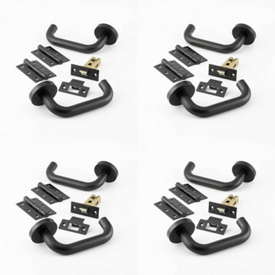 4 PACK Matt Black Door Handle Pack - Fire Rated Stylish Lever on Rose Hinge & Latch Set