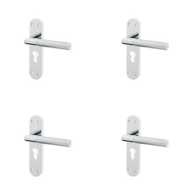 4 PACK Mitred Suite Door Handle with Euro Profile Lockplate in Polished and Satin Chrome Finish - Interior Lever on Backplate