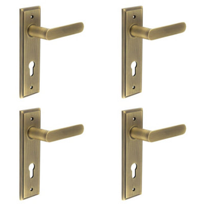 4 PACK Modern Antique Brass Door Handle with Euro Backplate - Solid Brass Interior Handle