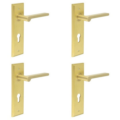 4 PACK Modern Satin Brass Door Handle with Backplate for Bathrooms - Solid Brass Interior Handle