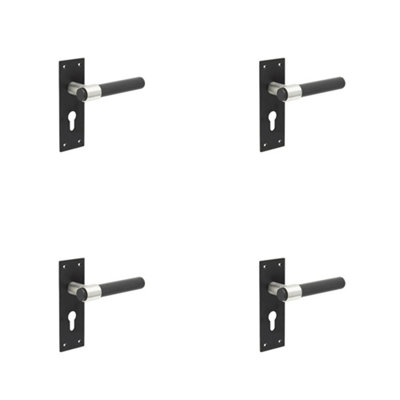 4 PACK Modern T-Bar Door Handle with Euro Profile Lockplate in Sleek Black Finish - Interior Lever on Backplate