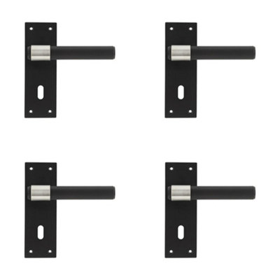 4 PACK Modern T-Bar Door Handle with Lockplate in Sleek Black Finish - Interior Lever on Backplate