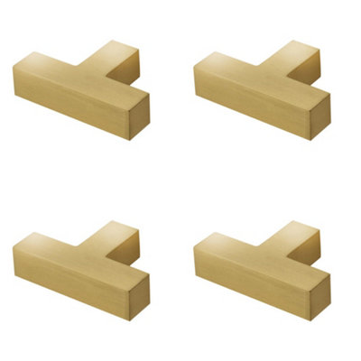 4 PACK Modern T Bar Square Cupboard Knob in Satin Brass - Elegant & Durable Design - Kitchen Cabinet Knob