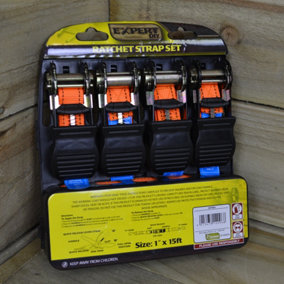 4 Pack of 1 Inch x 15 ft Heavy Duty Orange Ratchet Strap Set with S Hooks DIY