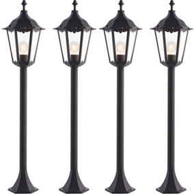 4 PACK Outdoor Lamp Post Lantern Bollard Light Matt Black & Glass 1m Tall LED