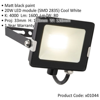 4 PACK Outdoor Waterproof LED Floodlight - 20W Cool White LED - Matt Black