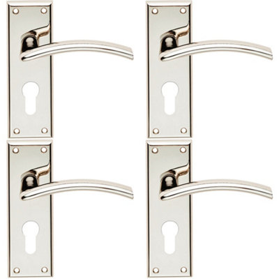 4 PACK - PAIR Arched Lever On EURO Lock Backplate Door Handle 150 x 50mm Polished Nickel