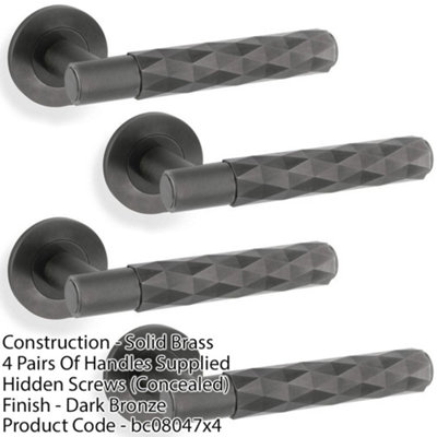 4 PACK - PAIR Diamond Lever on Round Rose Door Handle - Dark Bronze Concealed Screw