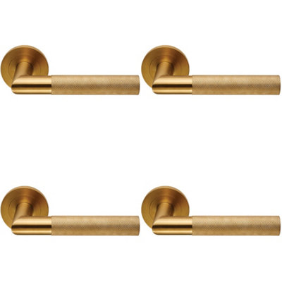 4 PACK - PAIR Knurled Round Bar Door Handle on Round Rose Concealed Fix Satin Brass