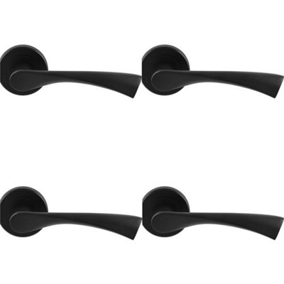 4 PACK - PAIR Matt Black Door Handle Angular Twisted Lever on Round Rose Concealed Fix