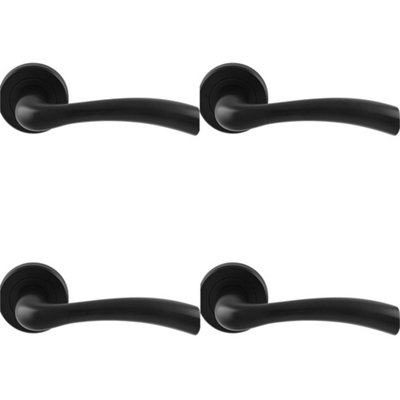 4 PACK - PAIR Matt Black Door Handle Curved Flowing Flared Lever Round Rose Concealed Fix