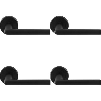 4 PACK - PAIR Matt Black Door Handle Slimline Straight Bar Lever Round Rose Concealed Fix