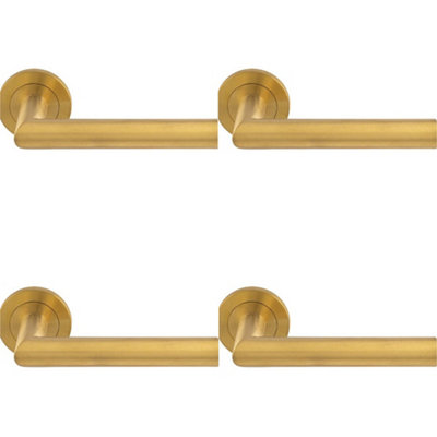 4 PACK - PAIR Mitred Round Bar Door Handle Ringed Design Conceled Fix Satin Brass