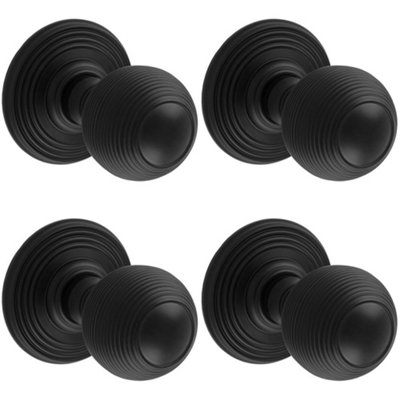 4 PACK - PAIR Round Reeded Mortice Door Knob 50mm Diameter Matt Black Lined Handle