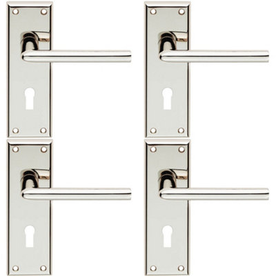 4 PACK - PAIR Rounded Lever on Lock Backplate Door Handle 150 x 50mm Polished Nickel