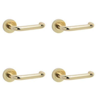 4 PACK Polished Brass Door Handle on Rose for Homes and Businesses - Interior Handle