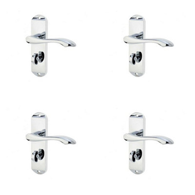4 PACK Polished Chrome Suite Door Handle with Bathroom Plate - Modern Design - Interior Lever on Backplate