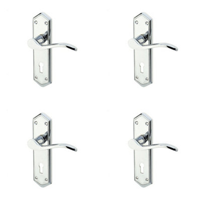 4 PACK Polished Chrome Suite Door Handle with Lockplate for Modern Interiors - Interior Lever on Backplate