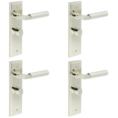 4 PACK Polished Nickel Bathroom Door Handle Backplate and Turn Release - Solid Brass Interior Handle
