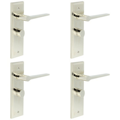 4 PACK Polished Nickel Bathroom Door Handle with Backplate and Turn Release - Solid Brass Handle