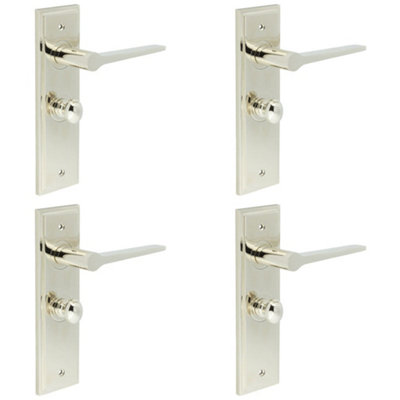 4 PACK Polished Nickel Bathroom Door Handle with Backplate and Turn Release - Solid Brass Interior Handles