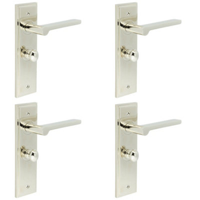 4 PACK Polished Nickel Bathroom Door Handle with Backplate and Turn & Release - Solid Brass Interior Handle