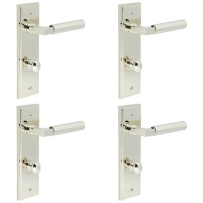4 PACK Polished Nickel Bathroom Door Handle with Backplate and Turn Release - Solid Brass Interior Lever Handle