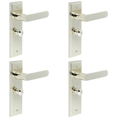 4 PACK Polished Nickel Bathroom Door Handle with Backplate and Turn Release - Solid Brass Interior Toilet Handle