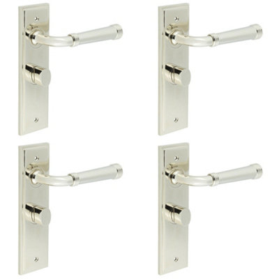 4 PACK Polished Nickel Bathroom Door Handle with Backplate and Turn Release - Solid Brass - Interior Toilet  Handle